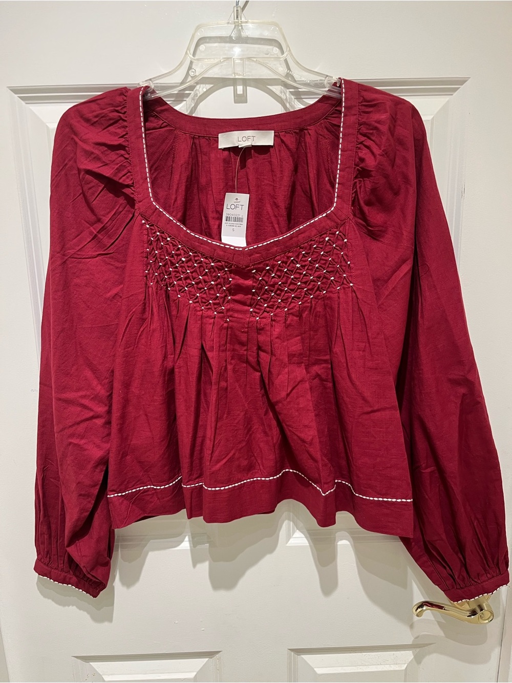 NWT LOFT Women's Red Embroidered Peasant Blouse Size Small